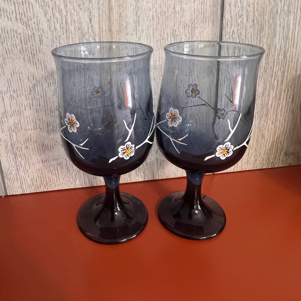 Vintage Hand Painted Blue Ombre Floral Wine Glasses Set of 2 Cherry Blossom 6"